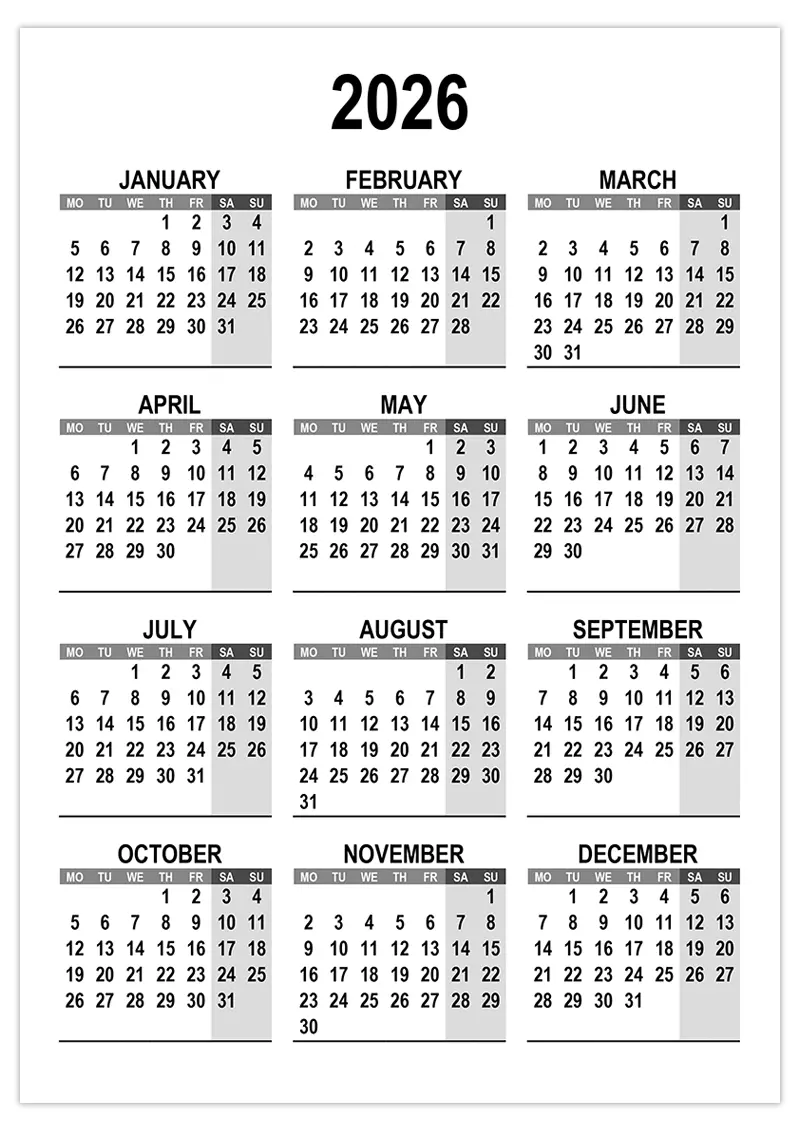 Free Printable Calendar 2026 week Starts From Monday Free calendar su Free Printable Calendar 2026 week Starts From Monday Free calendar su