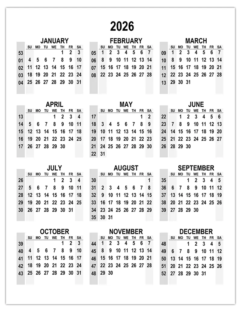 2026 Calendar with Week Numbers