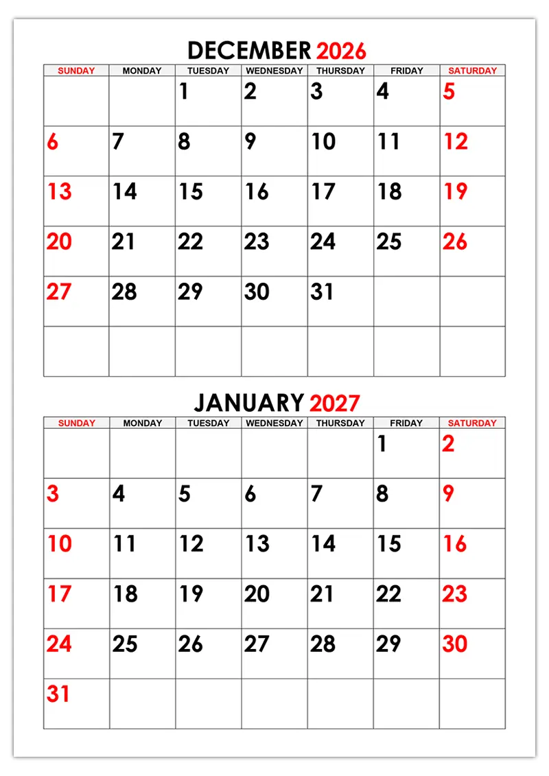 Calendar for December 2026, January 2027