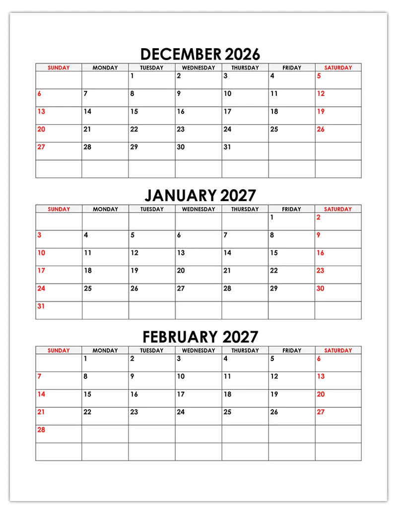 Calendar for December 2026, January, February 2027