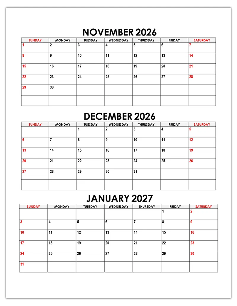 Calendar for November, December 2026, January 2027